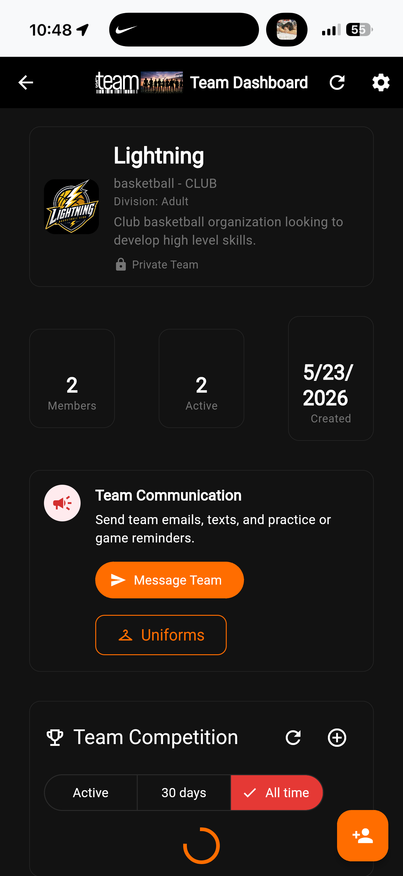 Team dashboard overview in the L33Team app