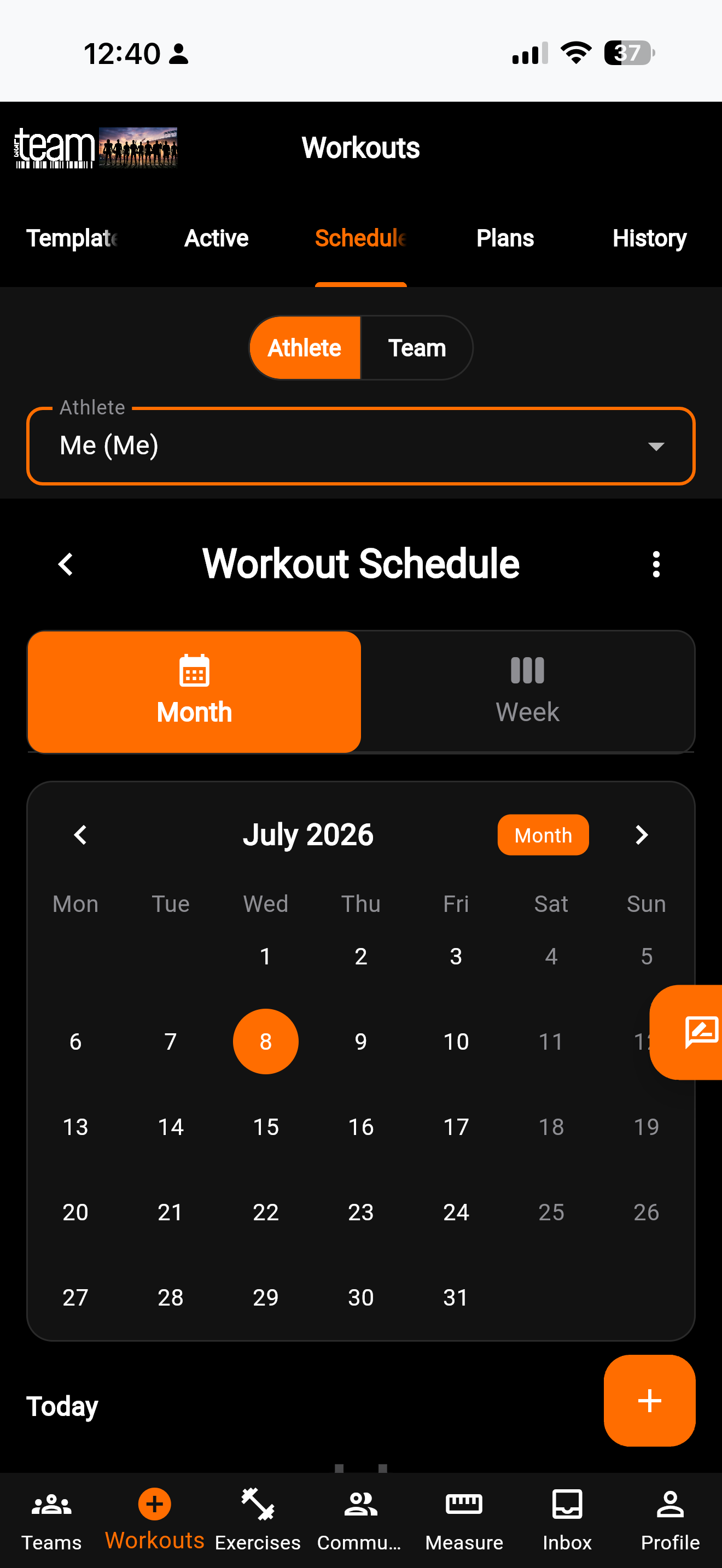Workout schedule in the L33Team app